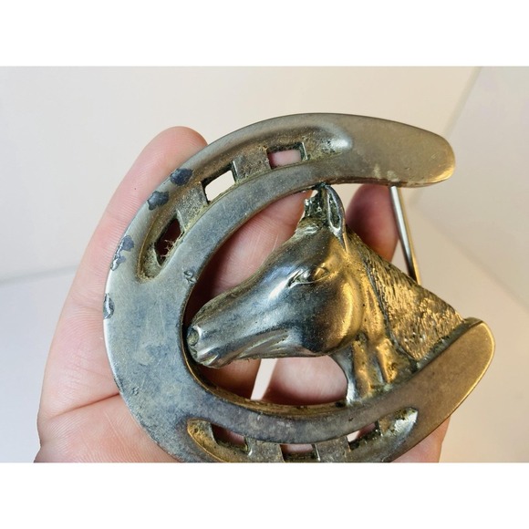Horse In Good Luck Horseshoe Silver Tone Belt Buckle Vintage - Picture 2 of 5